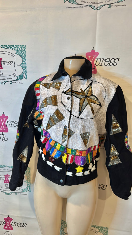Vintage Modi Demin Black Heavy Sequins  Jean Jacket Size M