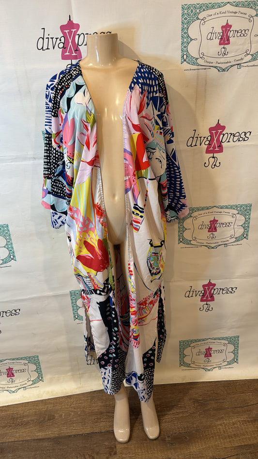 White Colorful Lady Long  Silk Duster Throw Size XL