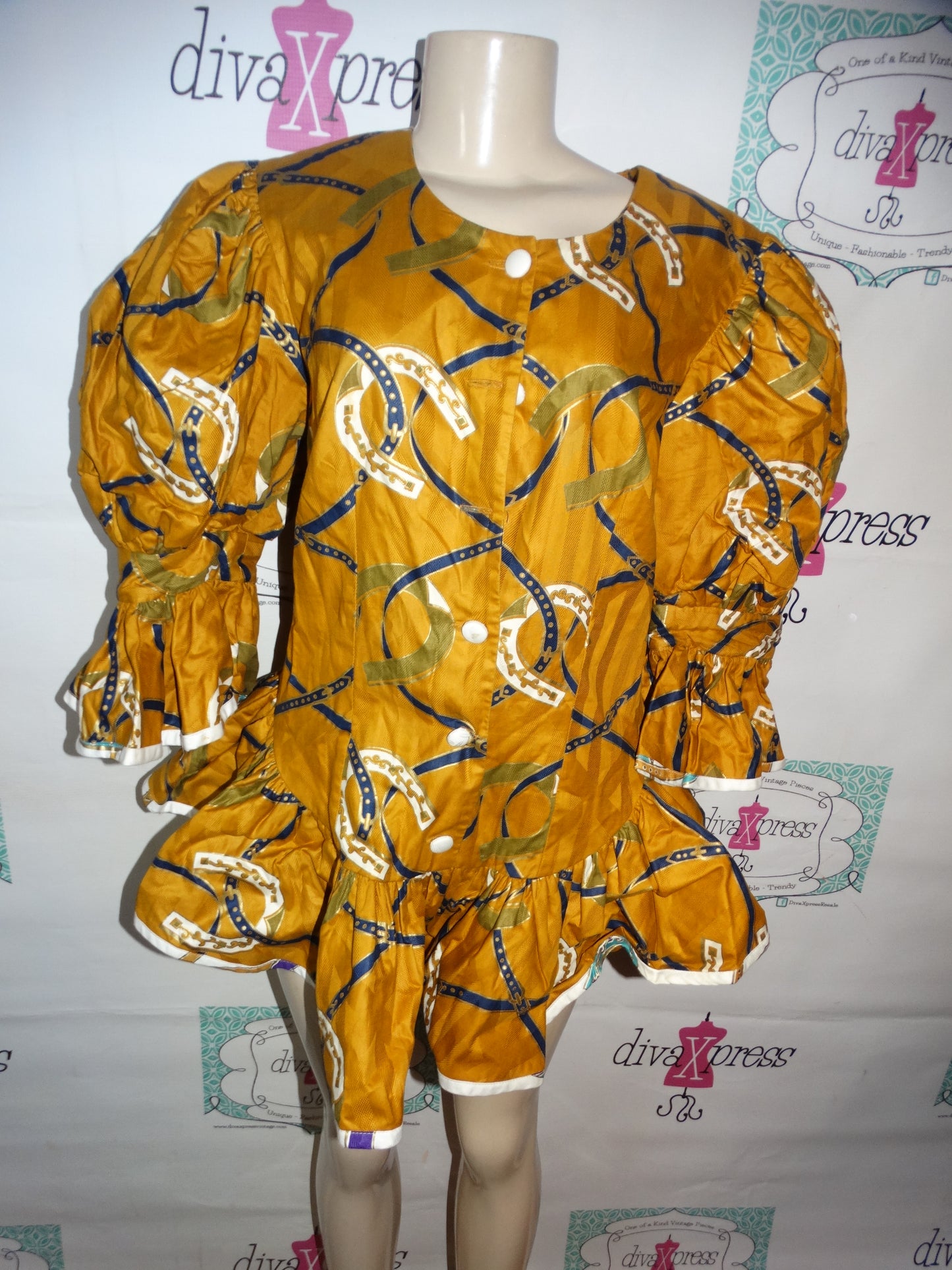 J's Coutwise Gold and Blue Peplum Heavy Puff Sleeve  Top Size XL