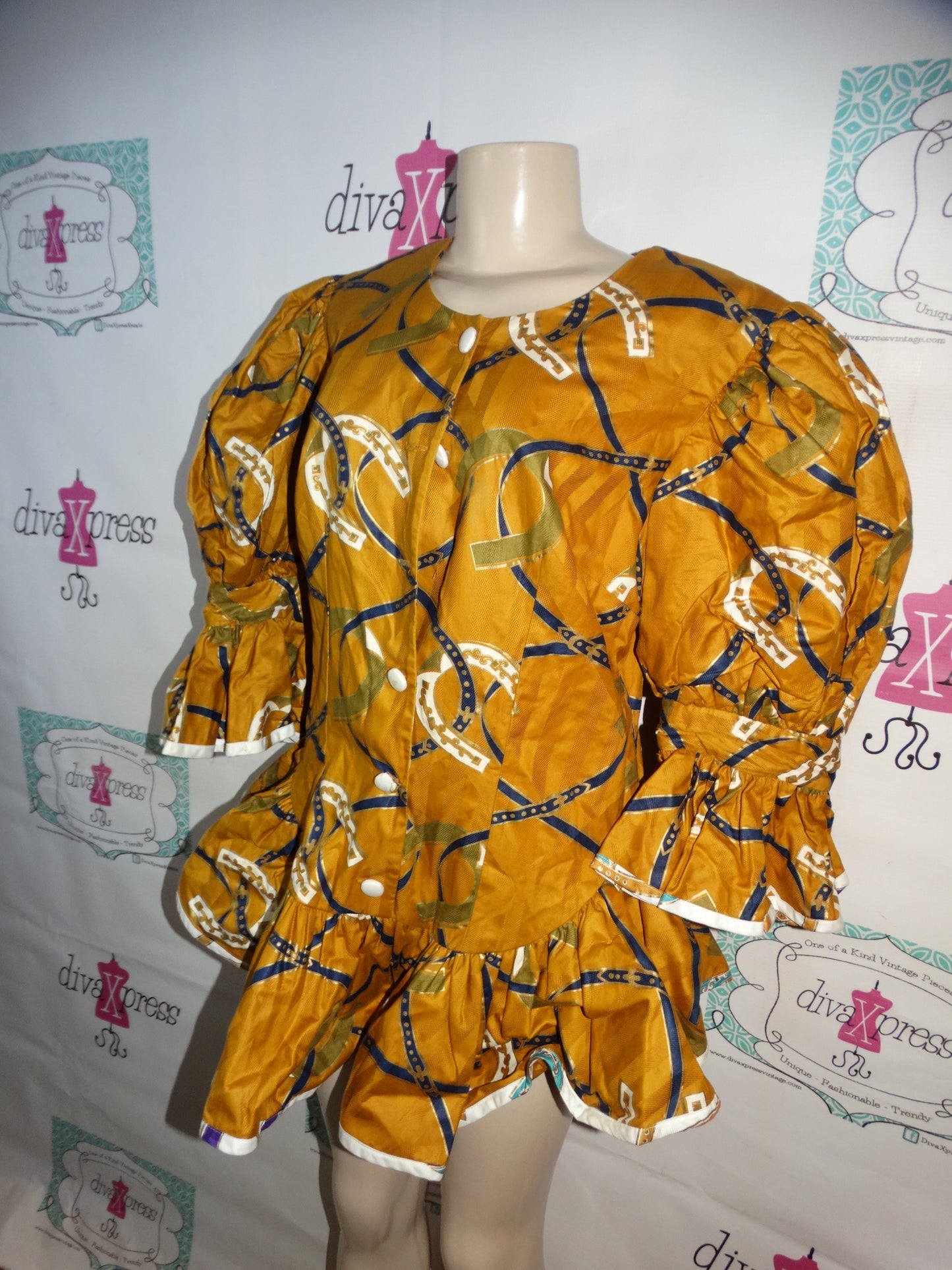 J's Coutwise Gold and Blue Peplum Heavy Puff Sleeve  Top Size XL