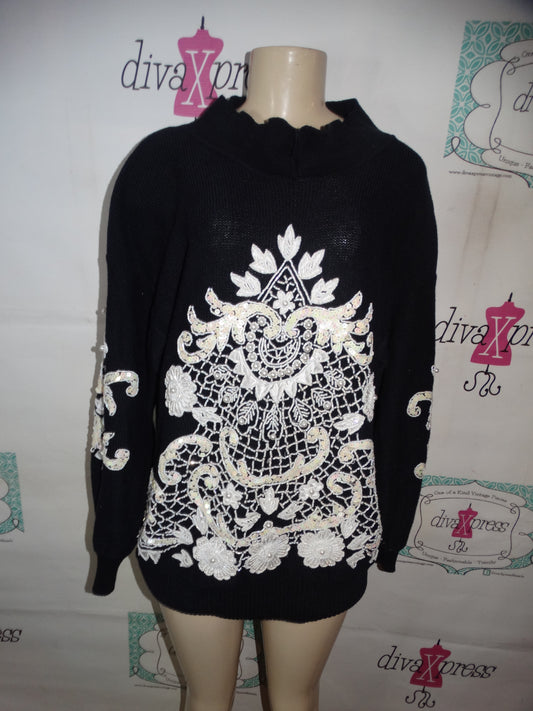 Vintage Le Club Black and White Beaded Sweater Size 1x