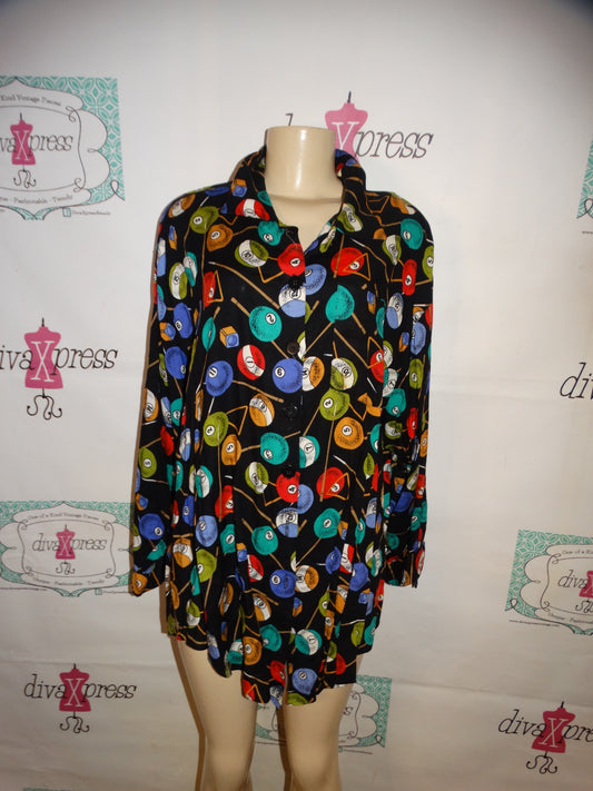 Vintage RTW Black Pool Table Balls Blouse Size 1x