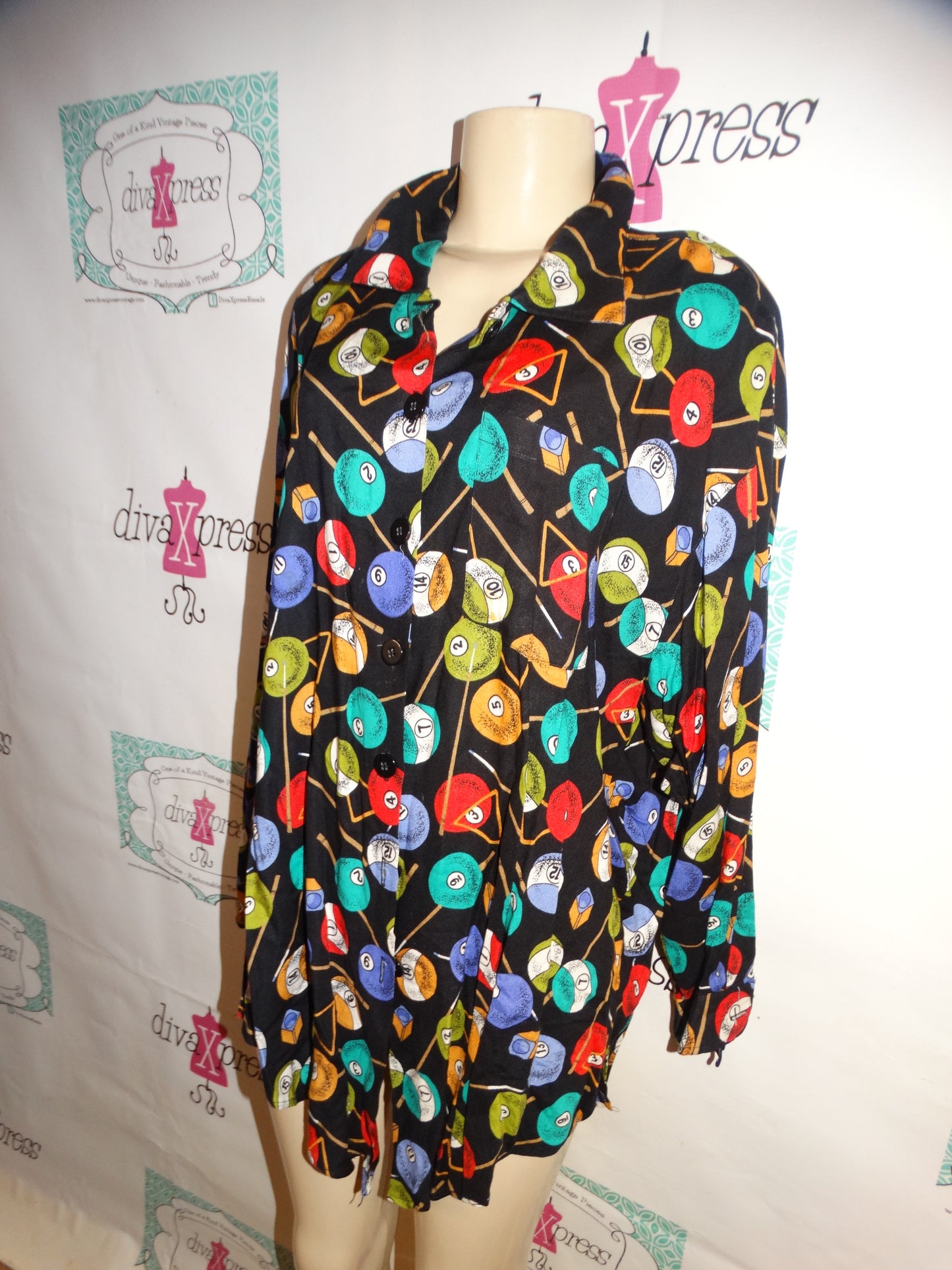 Vintage RTW Black Pool Table Balls Blouse Size 1x
