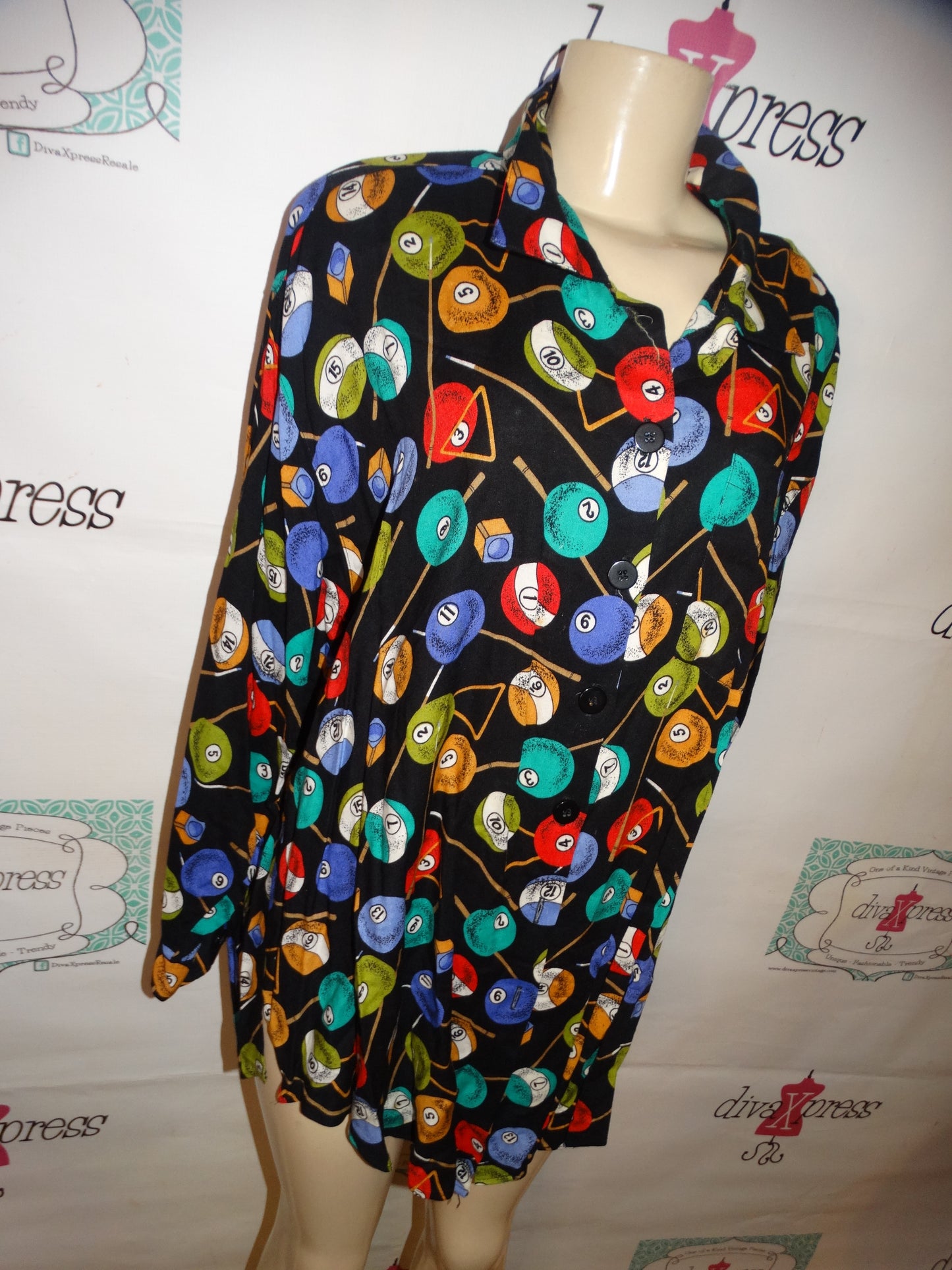 Vintage RTW Black Pool Table Balls Blouse Size 1x