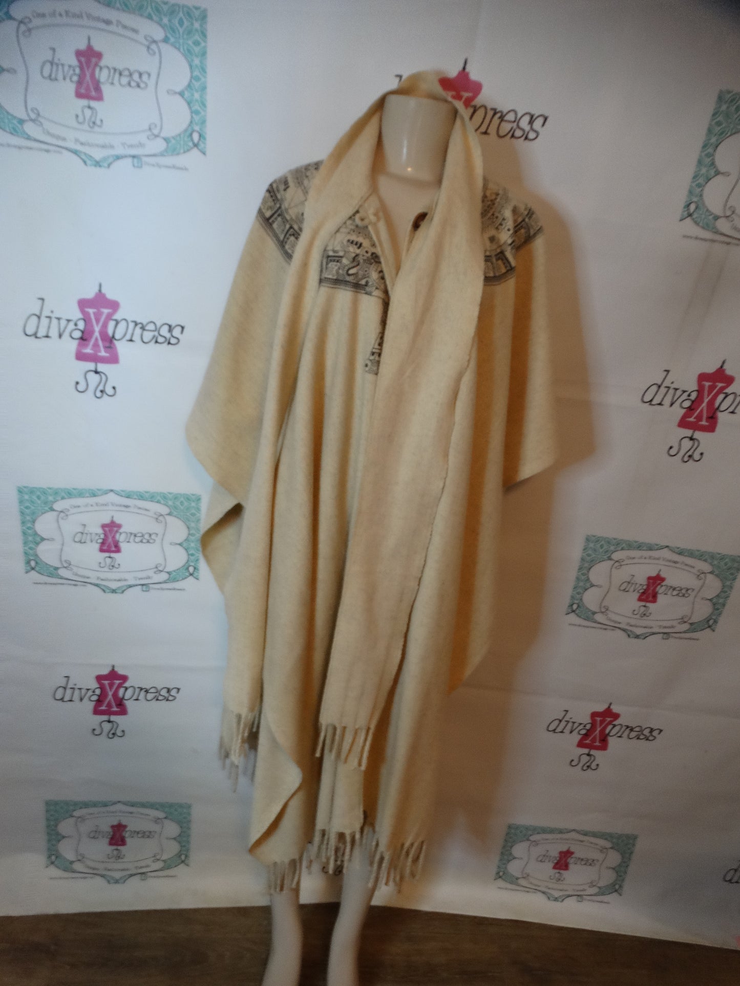 Vintage Cream Aztec Style Poncho One Size Fits All