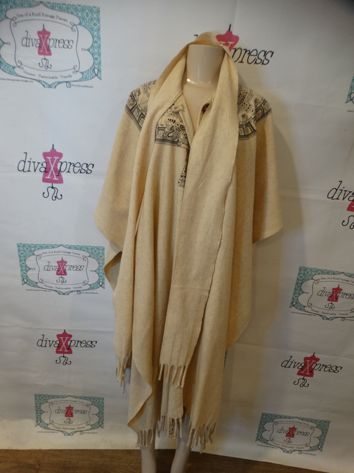 Vintage Cream Aztec Style Poncho One Size Fits All