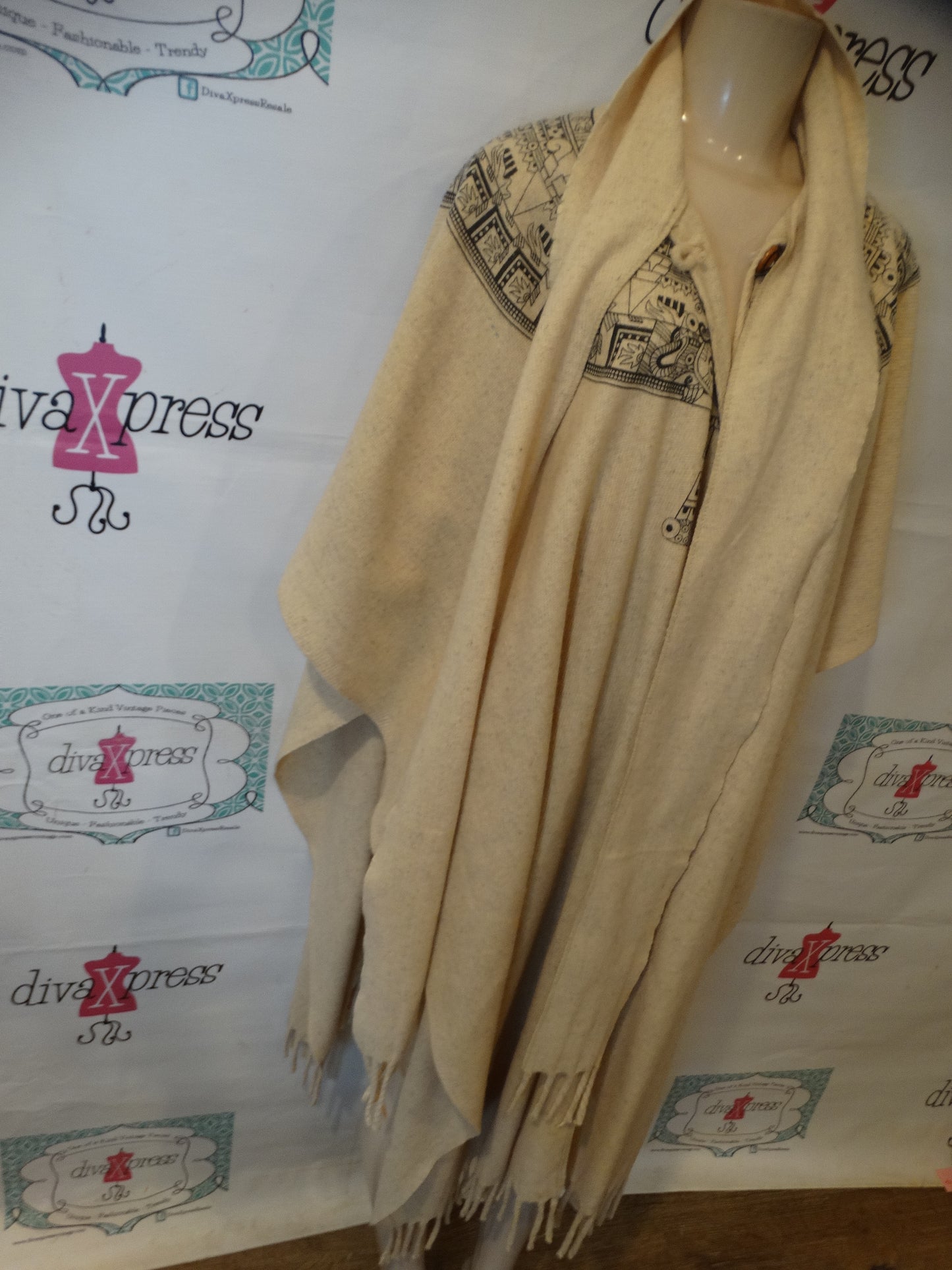 Vintage Cream Aztec Style Poncho One Size Fits All