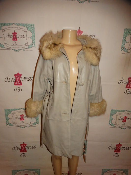 Vintage Gray Leather  Authentic Fox Collar Coat Size L