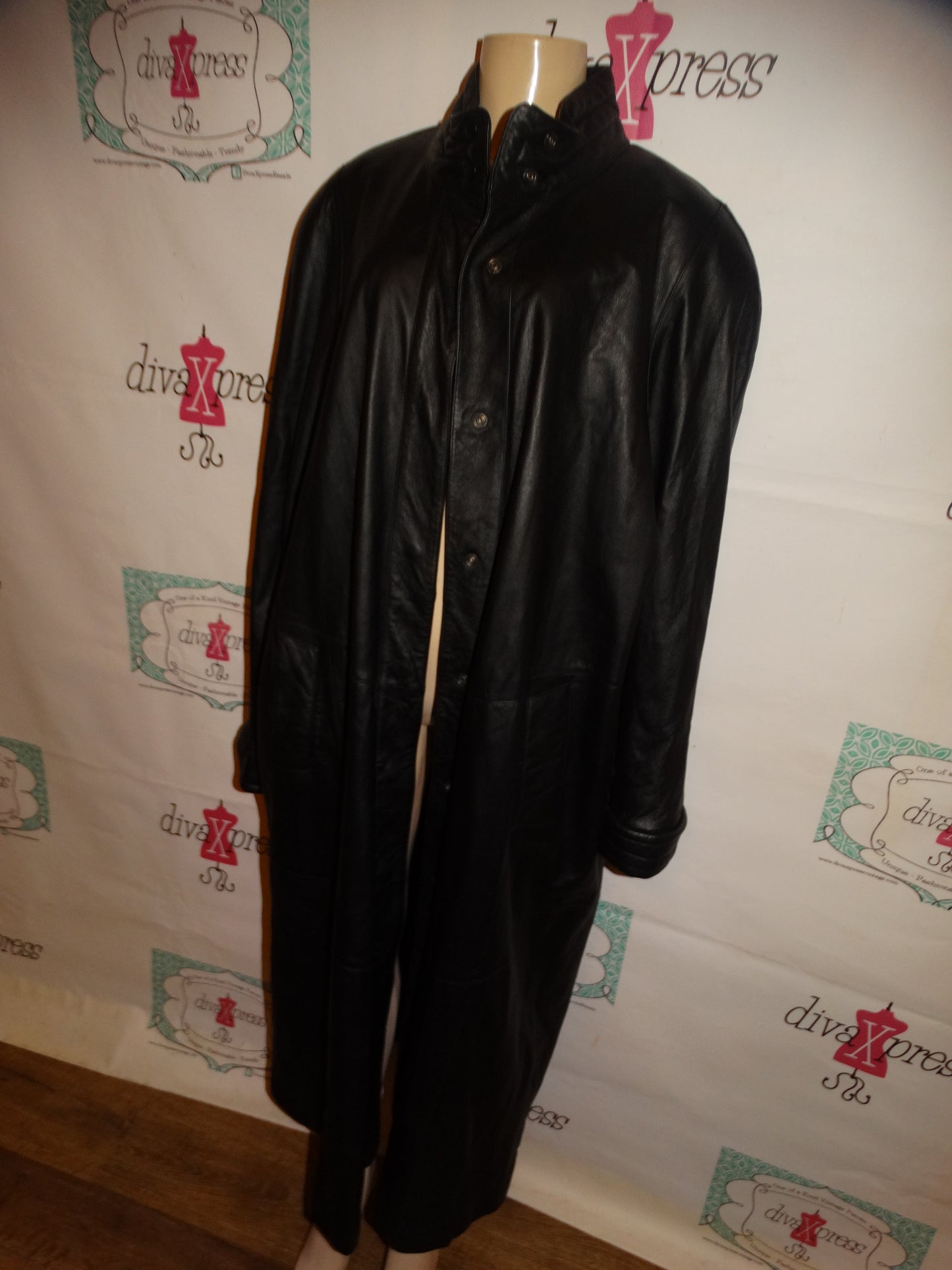 Vintage Ashley Black leather Long Trench Coat Size 2x