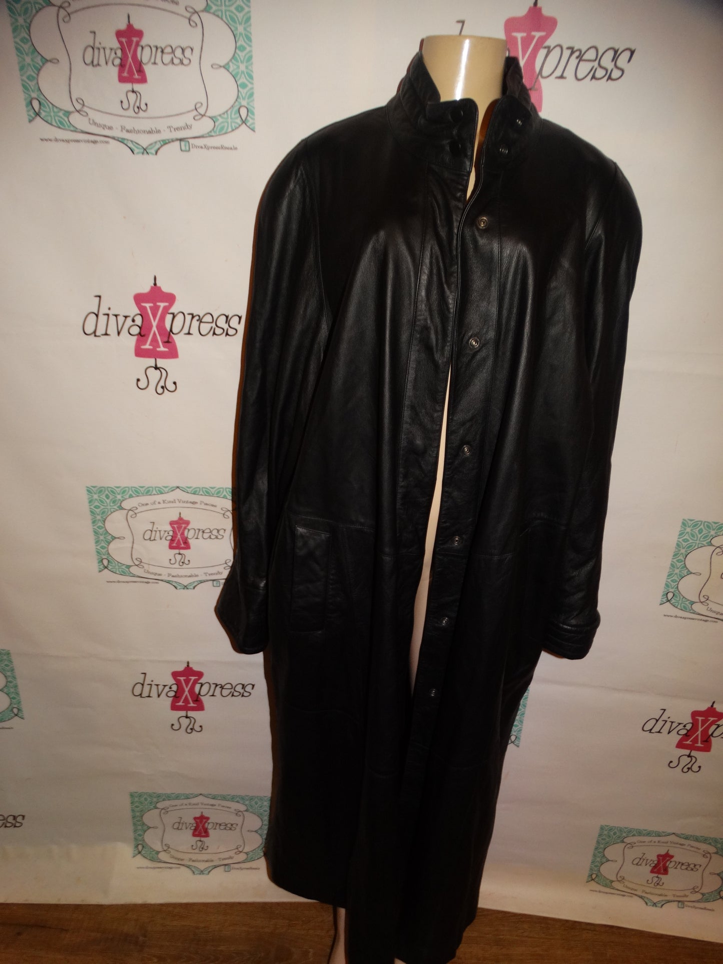 Vintage Ashley Black leather Long Trench Coat Size 2x