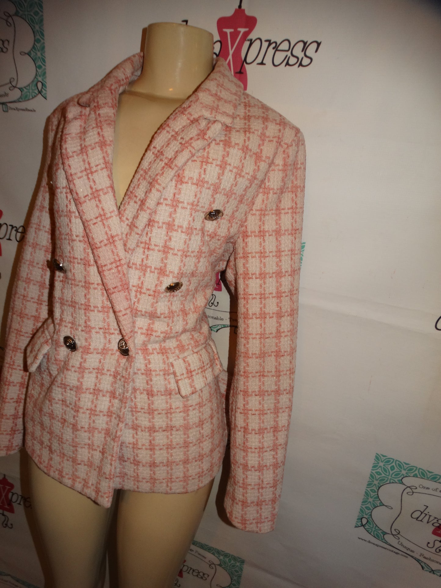 Pink/White Silver Butter Plaid Blazer Size L