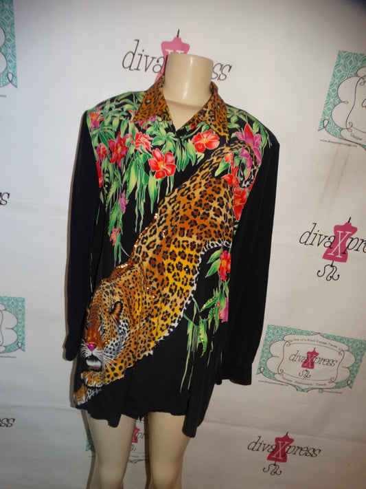 Vintage Diane Gilman Black Silk Tiger Beaded Blouse Size 2x