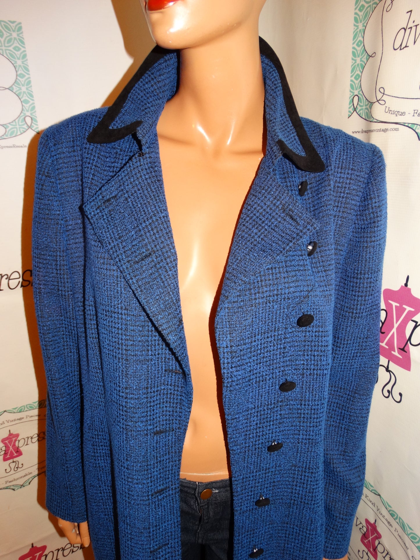 Vintage Plaza South Blue/Black Long Blazer Size XL