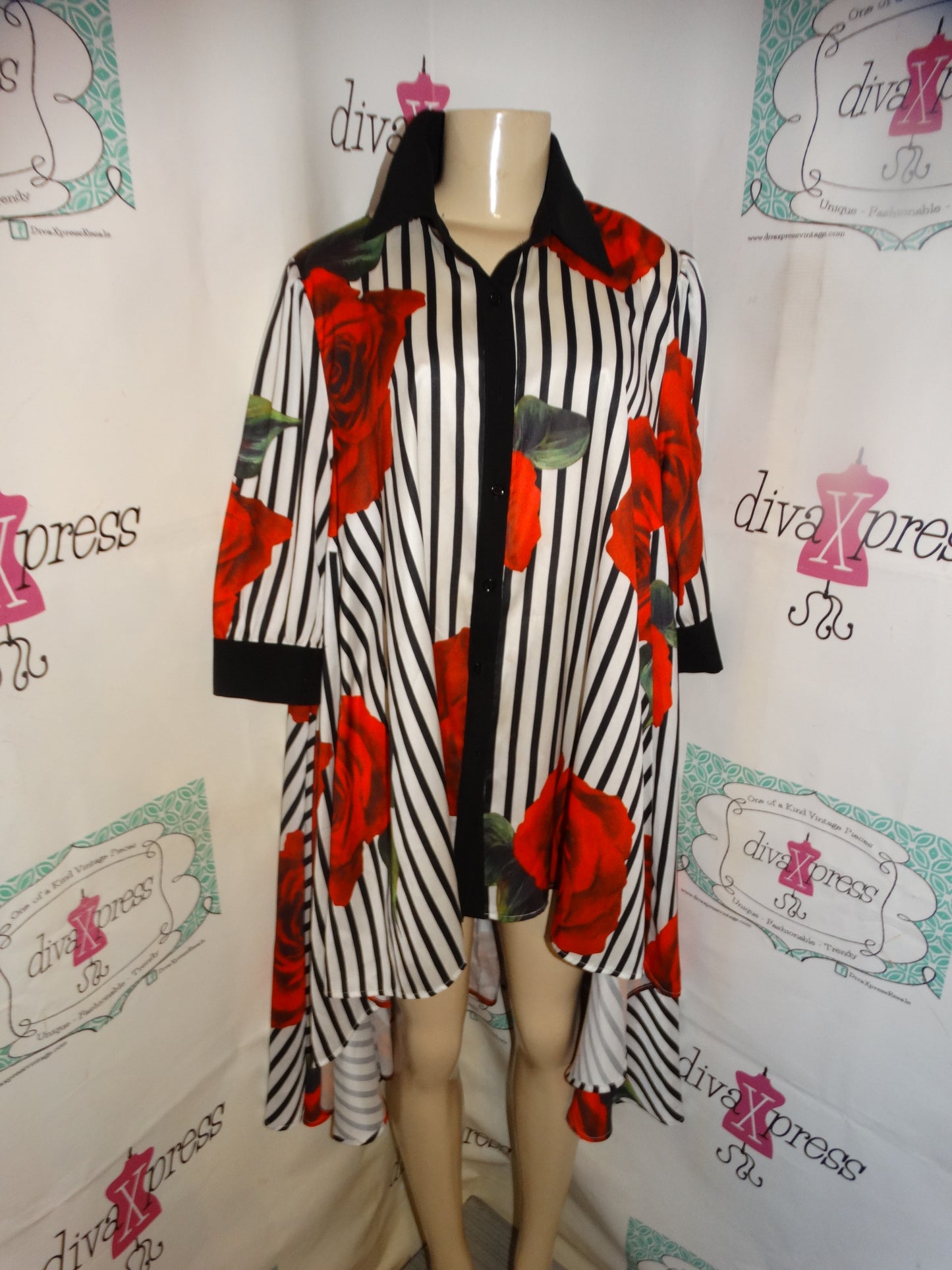Why Dresses Black/White Red Rose Hi low  Dress/Top  Size XL