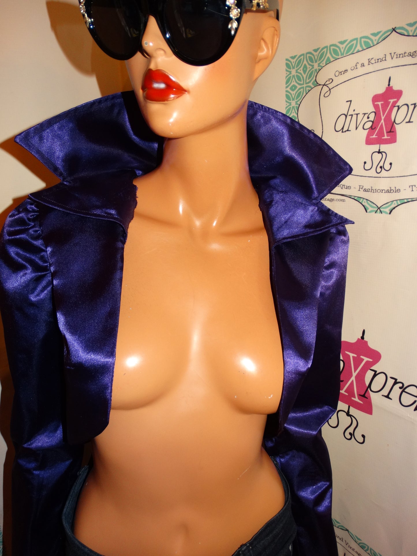 Vintage Purple Satin High Shoulder Tuxedo Blazer Size XS