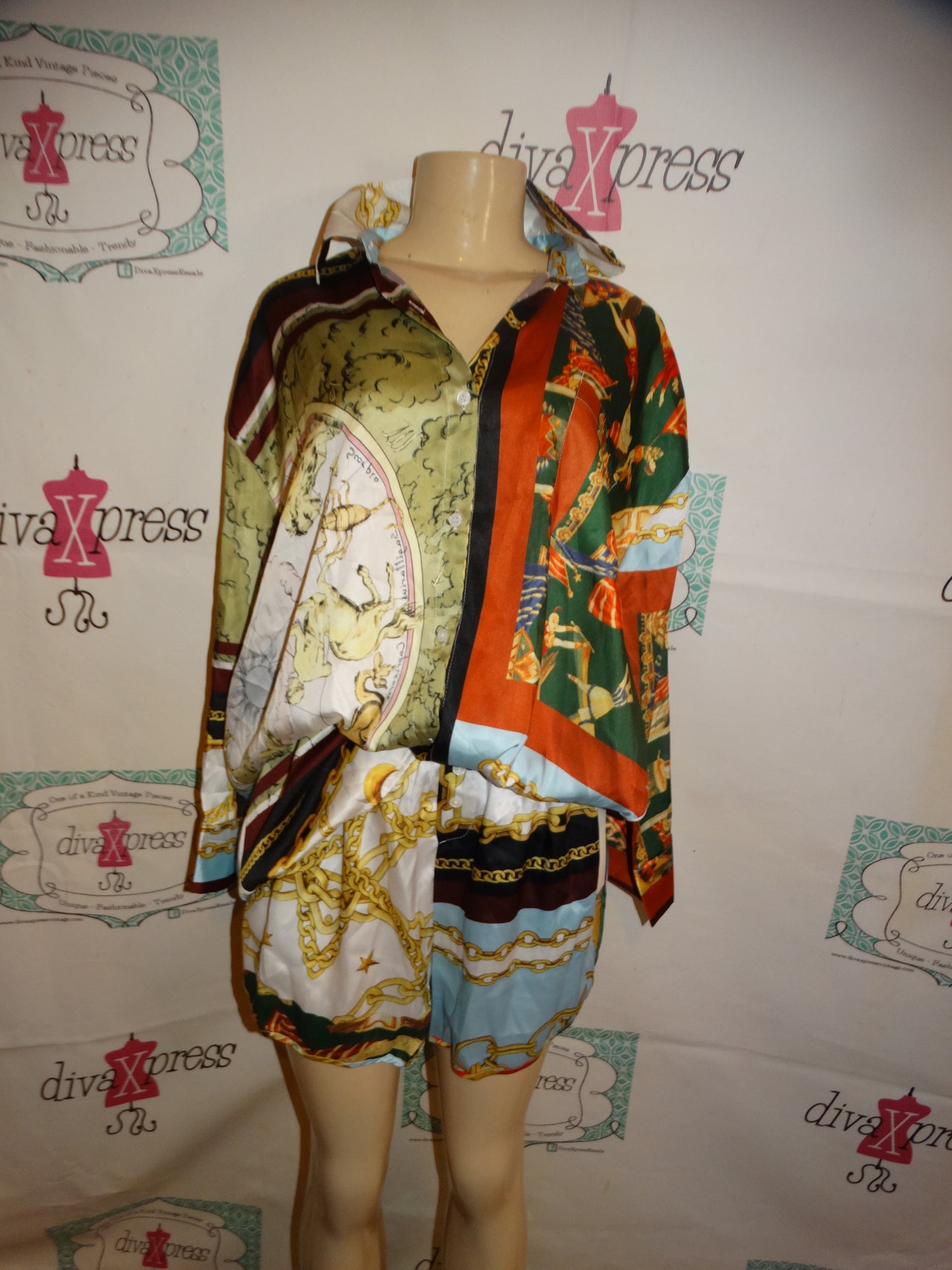 White Colorful Versace Style 2 Piece Short Set Size L