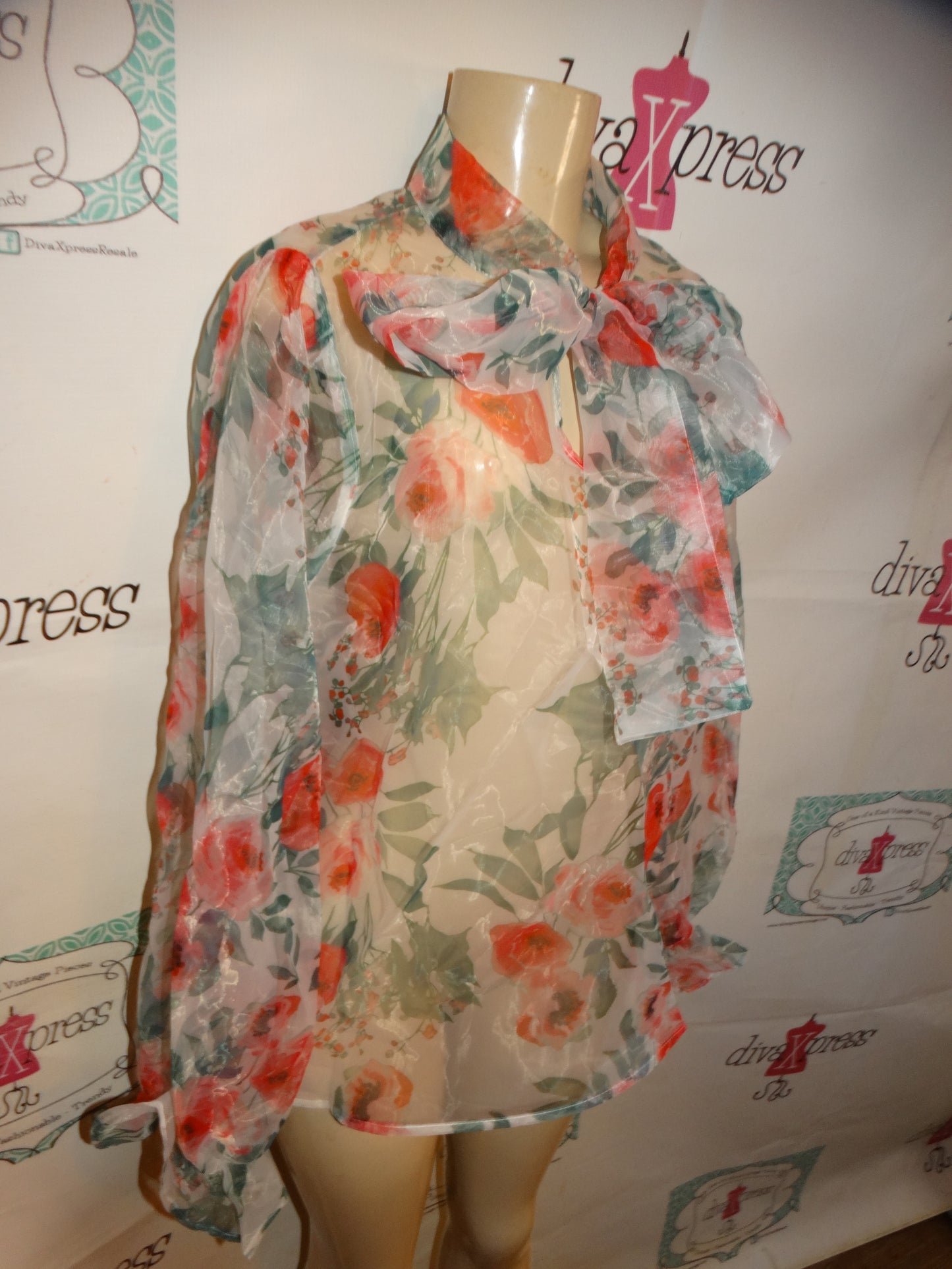 White Sheer Floral Top Size M