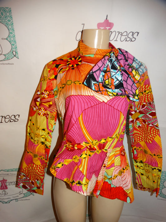 Vintage Colorful Bow Tie High Low Peplum Top Size M