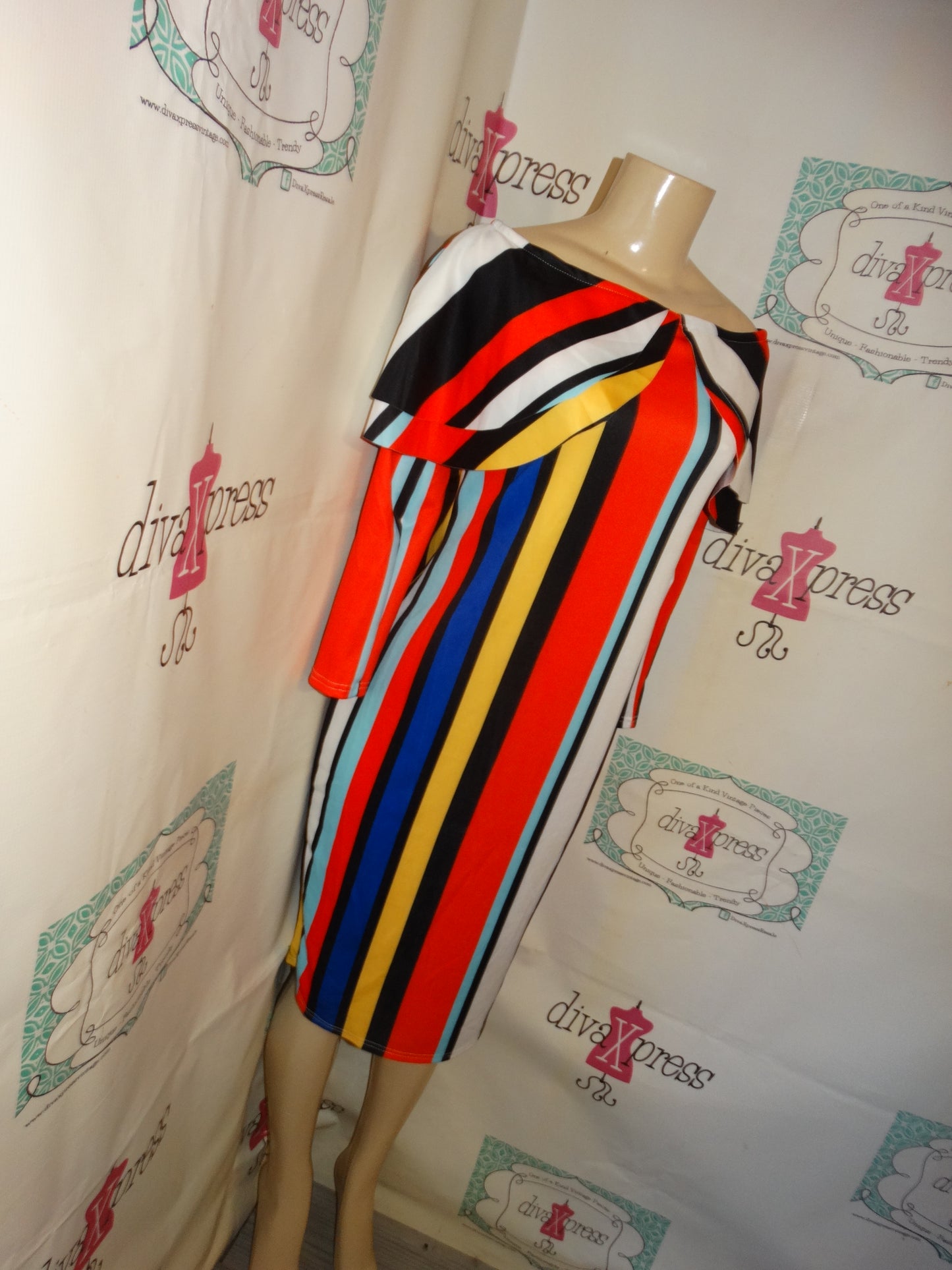 White Colorful Stripe Off Shoulder Dress Size L